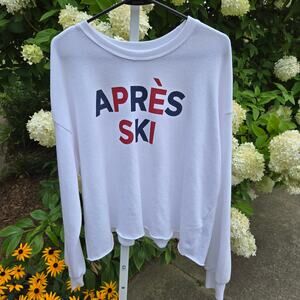 Grayson Threads Apres Ski Sweatshirt White Cropped Raw Hem Red Letter sz Large
